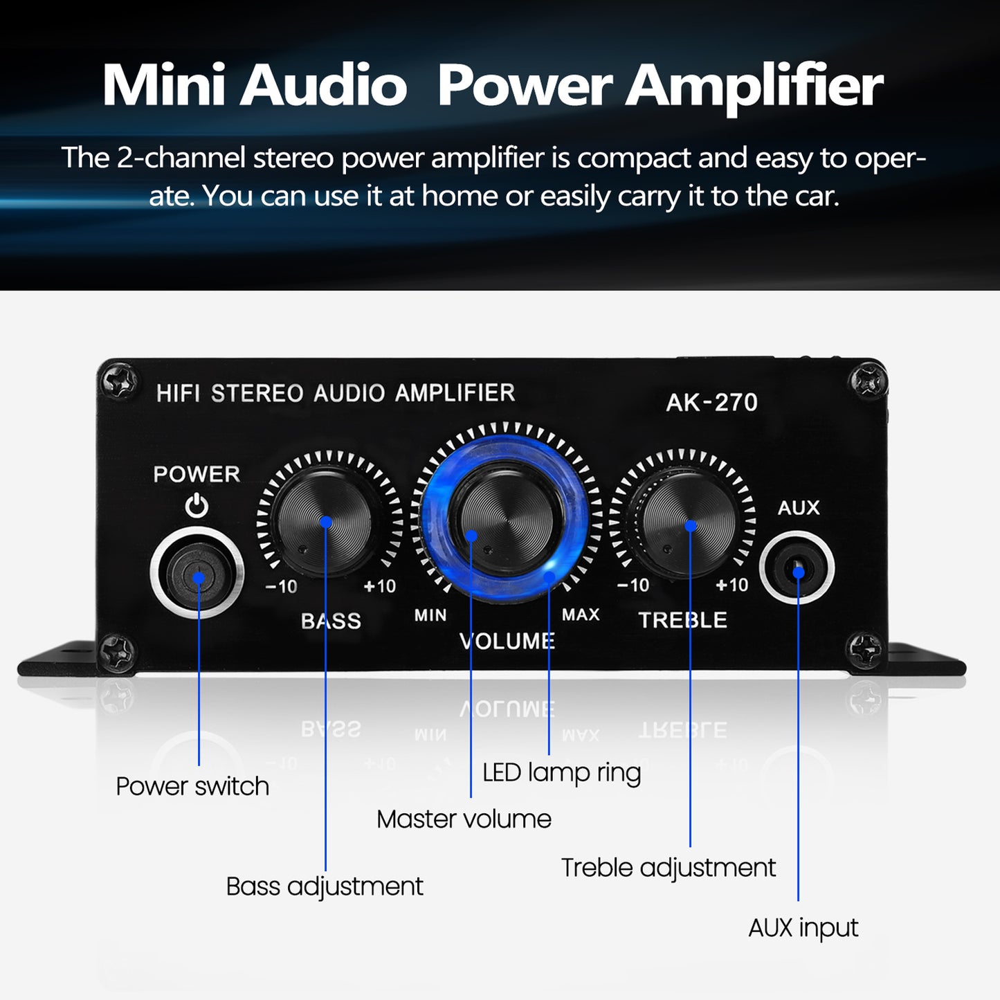 AK270 Mini Audio 2-Channel Stereo Power Amplifier Portable Sound Amplifier AUX Input Speaker Amp for Car and Home - Your Tech